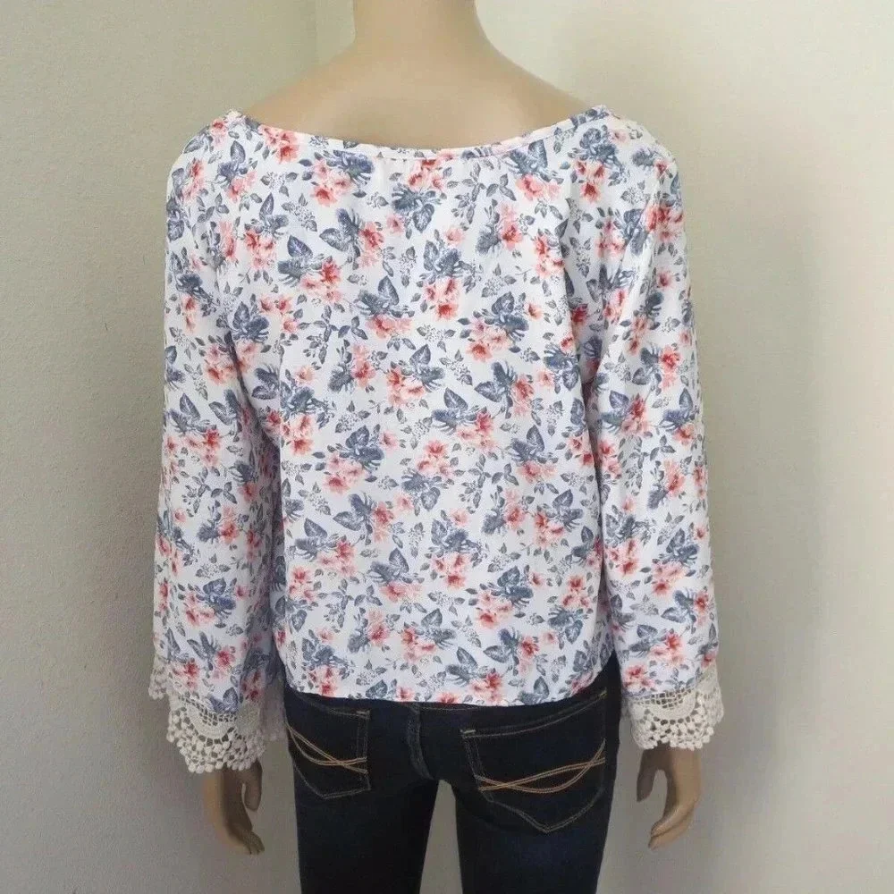 Hollister Floral Crochet Bell Sleeve Top Medium
